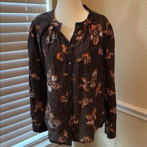 XiRENA Hailey Top Brown/Black and Marigold Print Women's X-Small Cotton Silk EUC